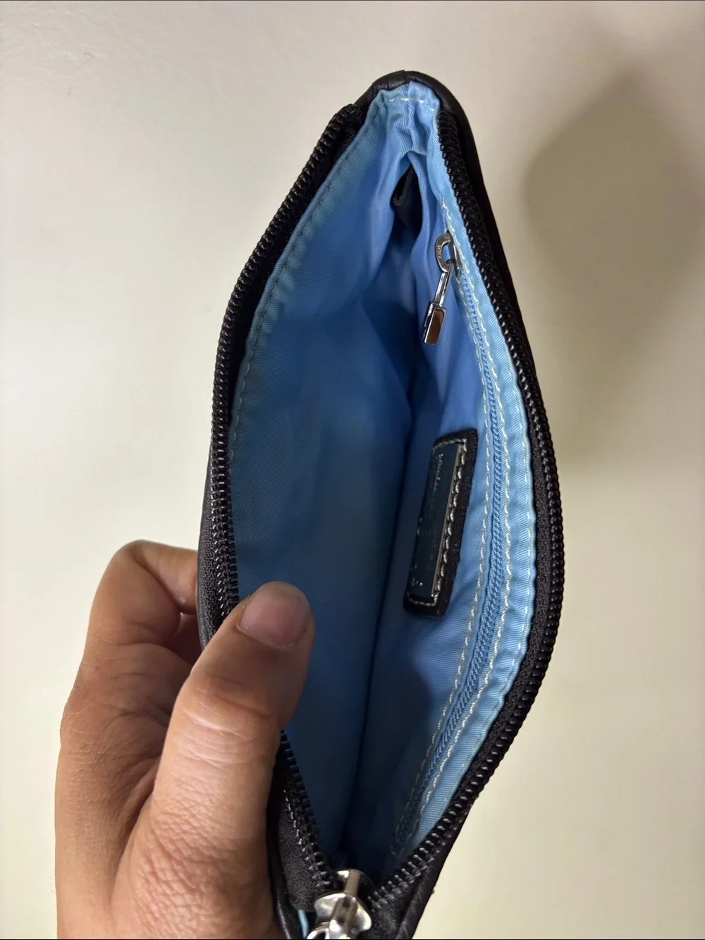 Lambertson Truex Blue and Dark Brown Leather-Trim Wristlet Clutch